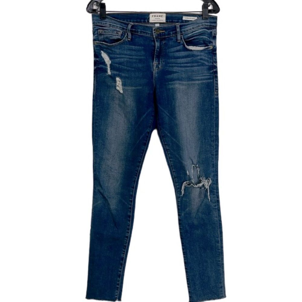 Frame Le Skinny De Jeanne Arenas Distressed Mid Rise Skinny Blue Jeans Size 29